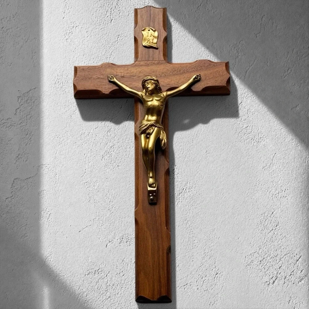 Vintage 1975 Wooden Wall Crucifix Cross Cast Brass Corpus INRI Signed‎ 12 Inch